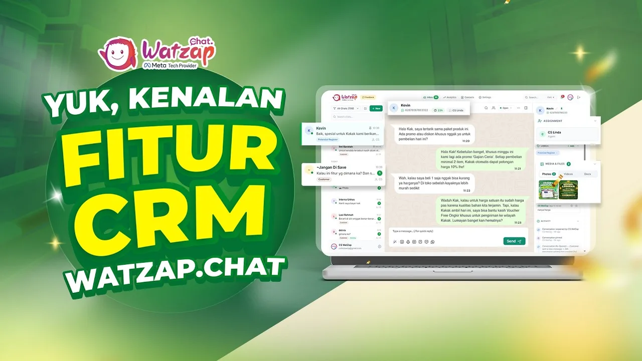 Laptop menampilkan inbox WatZap Chat: daftar chat di kiri, satu percakapan di tengah, dan panel penugasan berisi nama agen, label, serta berkas di kanan.