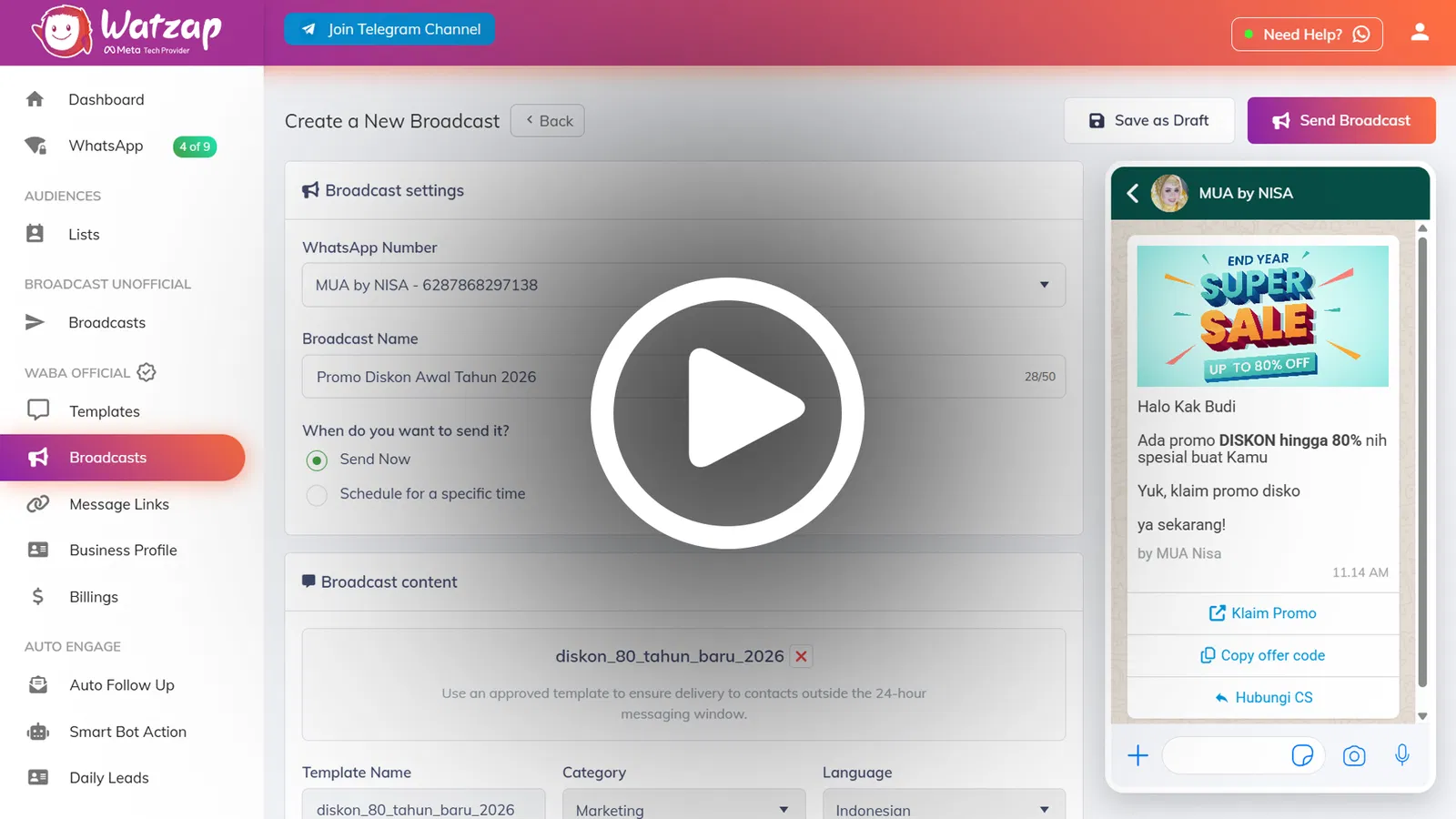 Dashboard WatZap saat menyusun broadcast baru, lengkap dengan pratinjau pesan WhatsApp di sisi kanan.